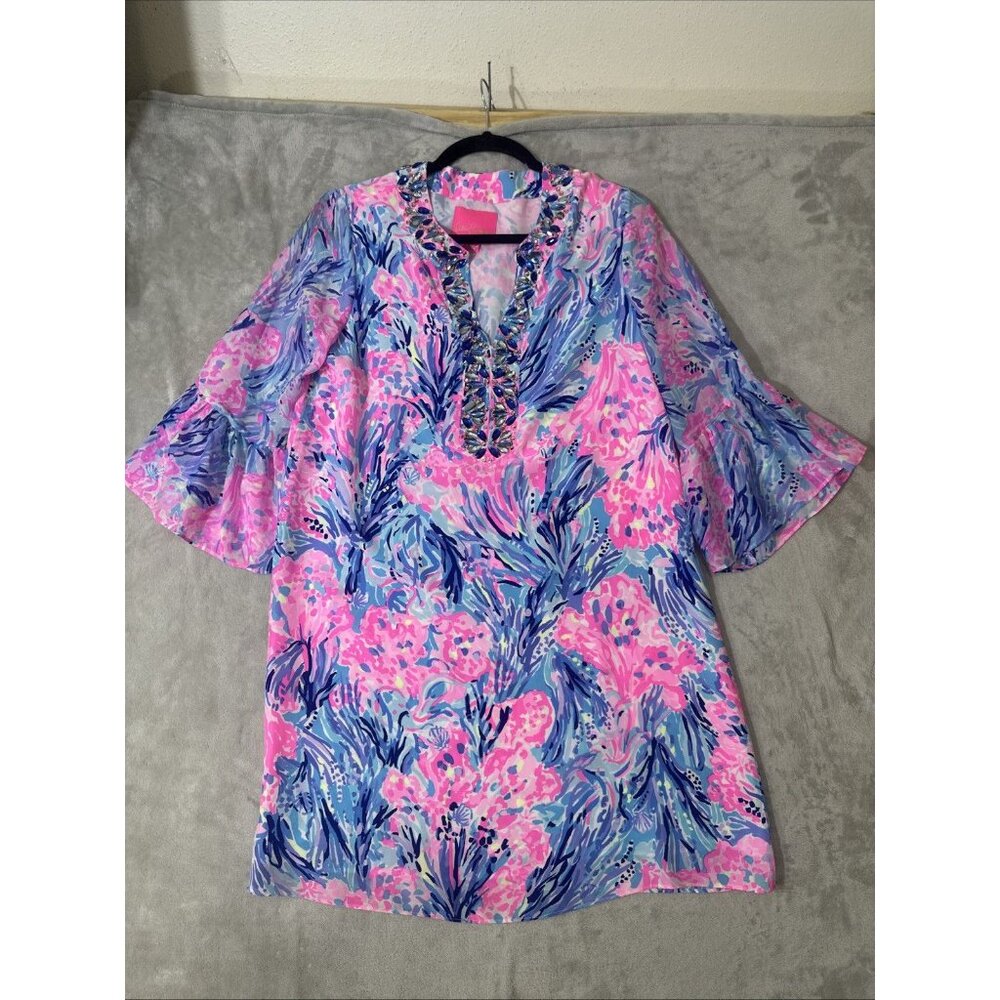 Lilly Pulitzer 100% Silk Rhinestone Floral Dress Size Small Pink Blue